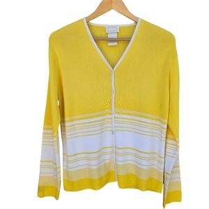 Designers Originals yellow white button up V neck, long sleeve sweater sz M 014